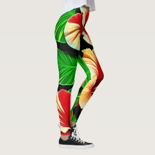 Colorful Tropical Leaves en Hibiscus Flowers Leggings