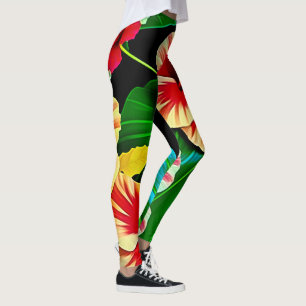 Colorful Tropical Leaves en Hibiscus Flowers Leggings