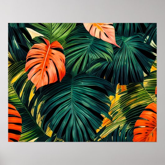 Colorful Tropical Leaves en Hibiscus Flowers | Poster (Voorkant)