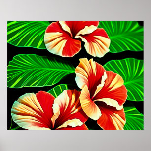 Colorful Tropical Leaves en Hibiscus Flowers   Poster