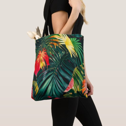 Colorful Tropical Leaves en Hibiscus Flowers | Tote Bag (Dichtbij)