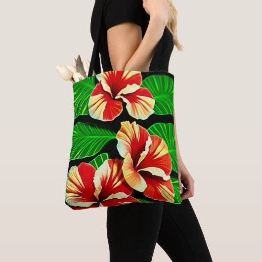 Colorful Tropical Leaves en Hibiscus Flowers | Tote Bag (Dichtbij)