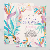Colorful Tropical leaves Parrot Baby shower Kaart (Voorkant / Achterkant)