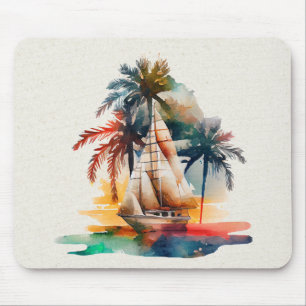 Colorful Tropical Palm and Sailboat Mousepad Muismat