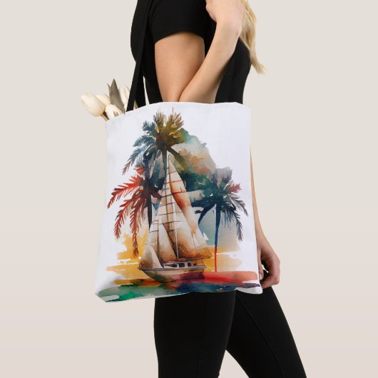 Colorful Tropical Palm Sailboat Canvas tas (Dichtbij)