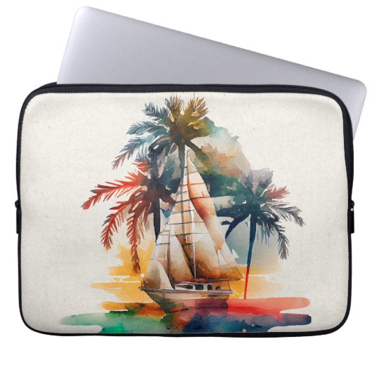 Colorful Tropical Palm Sailboat Electronics Bag Laptop Sleeve (Voorkant)