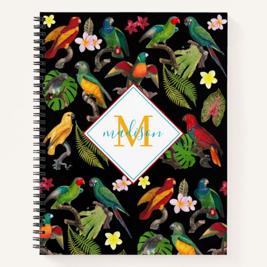 Colorful Tropical Parrots Leaves, Flowers Monogram Notitieboek (Voorkant)