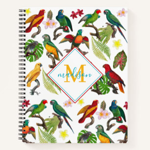 Colorful Tropical Parrots Leaves, Flowers Monogram Notitieboek