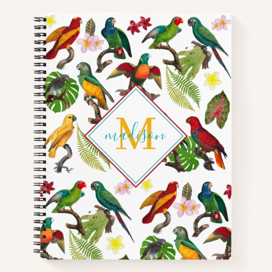 Colorful Tropical Parrots Leaves, Flowers Monogram Notitieboek (Voorkant)