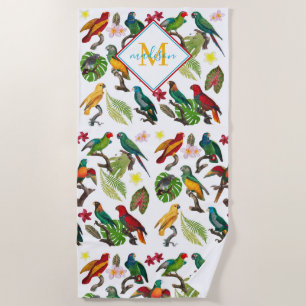 Colorful Tropical Parrots Leaves, Flowers Monogram Strandlaken