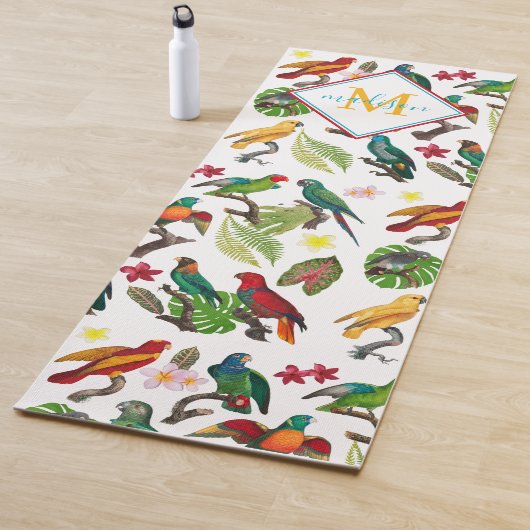 Colorful Tropical Parrots Leaves, Flowers Monogram Yogamat (In situ)