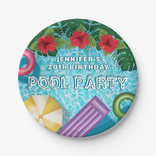 Colorful Tropical Swimming Pool Birthday Party Papieren Bordje (Voorkant)