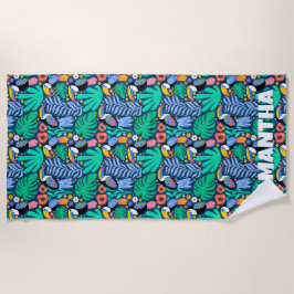 Colorful Tropical Toucan Bird Flowers Planten, Nam Strandlaken