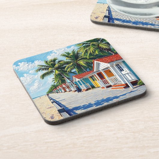 Colorful Tropical Vibrant Beach Huts Bier Onderzetter (Linkerzijde)