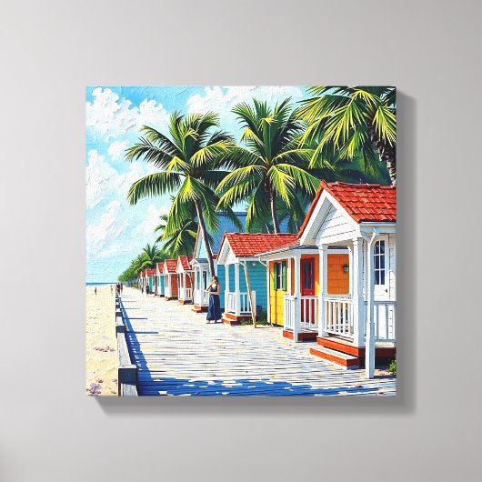 Colorful Tropical Vibrant Beach Huts Canvas Afdruk (Voorkant)