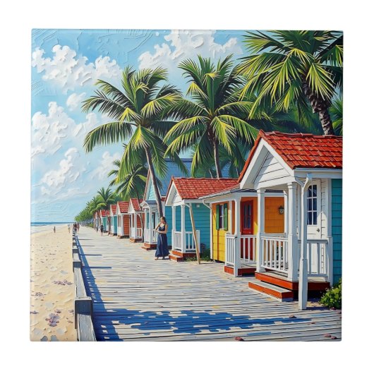 Colorful Tropical Vibrant Beach Huts Tegeltje (Voorkant)