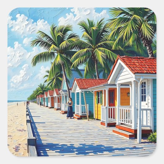 Colorful Tropical Vibrant Beach Huts Vierkante Sticker (Voorkant)