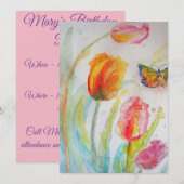 Colorful Tulip and Butterfly Birthday Invitation Kaart (Voorkant / Achterkant)