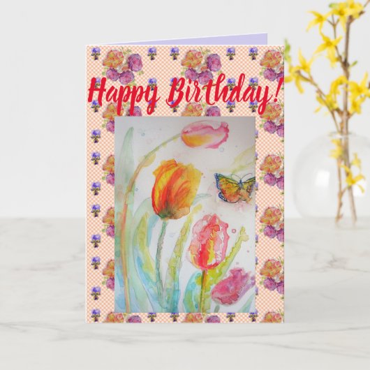 Colorful Tulip and Butterfly Waterverf art Kaart (Gele Bloem)