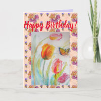 Colorful Tulip and Butterfly Waterverf art Kaart