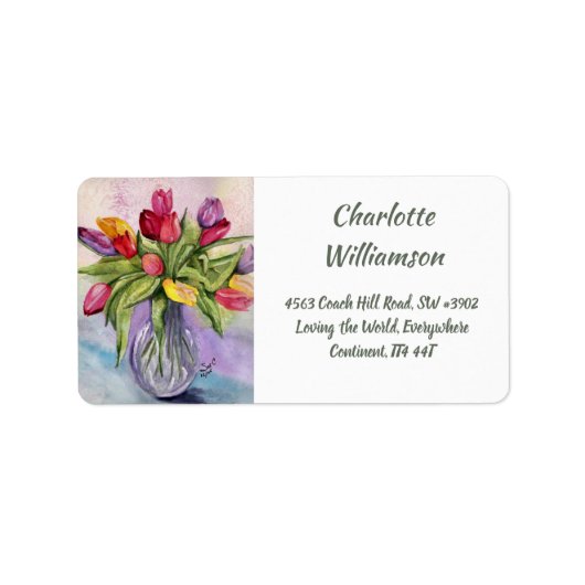 Colorful Tulip Bouquet in Waterverf Adres Etiket (Voorkant)