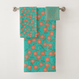 Colorful Turquoise & Coral Oranje Flower Pattern Bad Handdoek