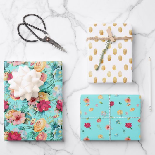 Colorful Turquoise Floral Gold Glitter Inpakpapier Vel (Voorkant)