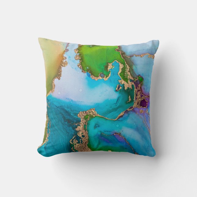 Colorful Turquoise Green Gold Foil Waterverf Kussen (Voorkant)