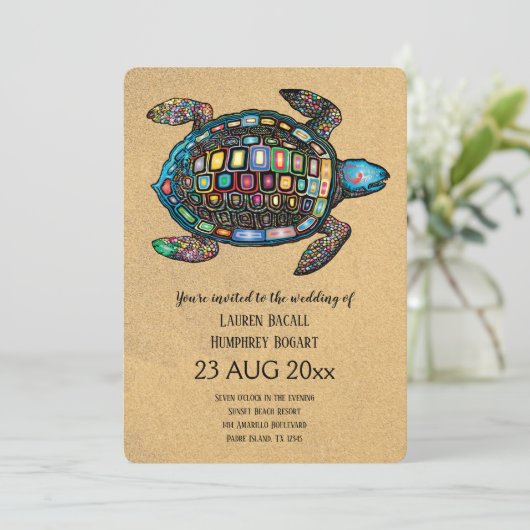 Colorful Turtle Sandy Beach Weddenschap Kaart (Staand voorkant)