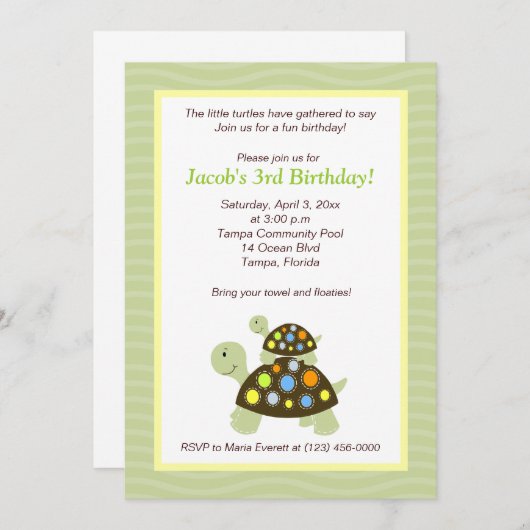 Colorful Turtles 5x7 Birthday Invitation - Green Kaart (Voorkant / Achterkant)