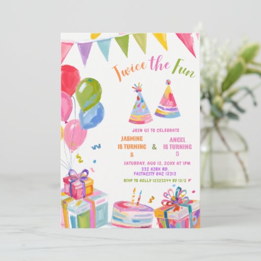 Colorful Twice the Fun Sibling Birthday  Kaart (Staand voorkant)