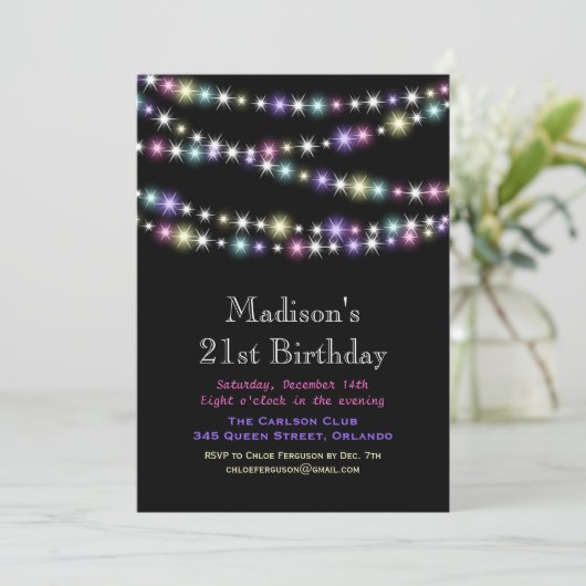 Colorful Twinkle Lights 21st Birthday Uitnodiging (Staand voorkant)