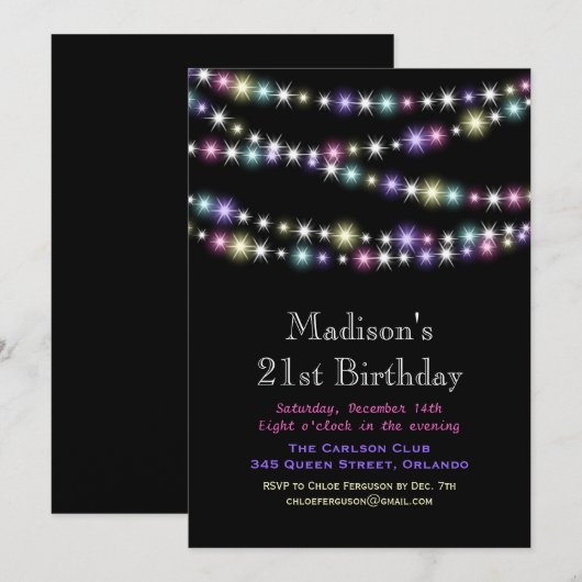 Colorful Twinkle Lights 21st Birthday Uitnodiging (Voorkant / Achterkant)