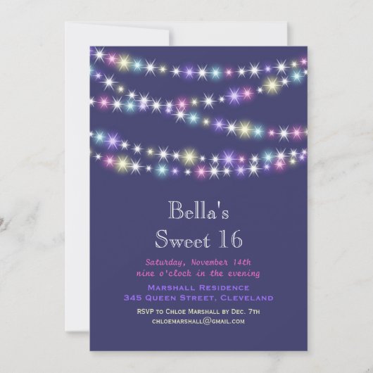 Colorful Twinkle Lights Sweet 16 Uitnodiging paars (Voorkant)
