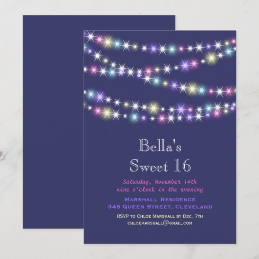 Colorful Twinkle Lights Sweet 16 Uitnodiging paars (Voorkant / Achterkant)