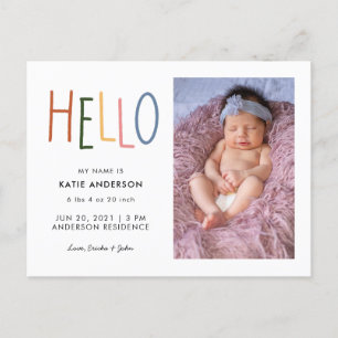 Colorful Typografie Hallo geboorteaankondiging Uitnodiging Briefkaart