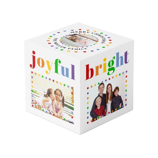Colorful typografie, stippen kerstfeestfoto kubus (Voorkant hoekig)