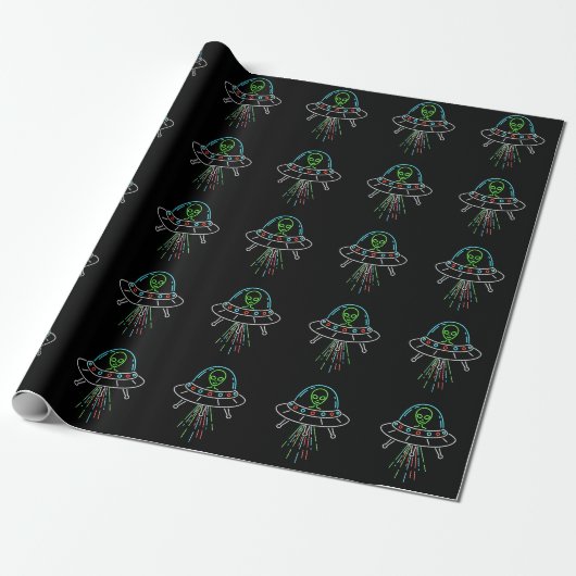 Colorful UFO Cute Alien Abduction Cadeaupapier (Uitgerold)