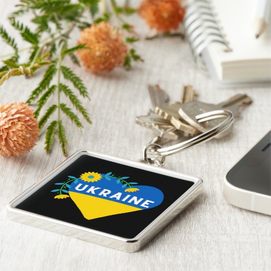 Colorful Ukraine Flag Flower Heart Sleutelhanger (Zijkant)