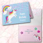 Colorful Unicorn Kids Birthday Kaart<br><div class="desc">Hier is een schattige verjaardagskaart voor elk kind, maar vooral voor een klein meisje. Een schattige witte eenhoorn met roze, blauwe en gele gestreepte mane en staart op een speelse manier op de voorkant van de kaart. Achter de eenhoorn ligt een passende regenboog tussen twee witte wolken. Uw douanetekst is...</div>