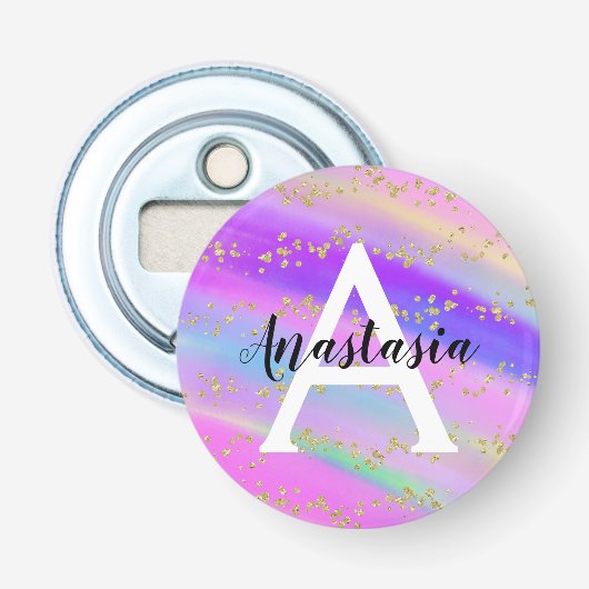 Colorful Unicorn Rainbow Gold Glitter Monogram Button Flesopener (Voorkant)