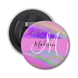 Colorful Unicorn Rainbow Gold Glitter Monogram Button Flesopener