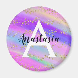 Colorful Unicorn Rainbow Gold Glitter Monogram Magneet