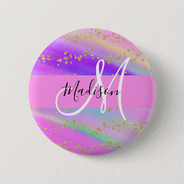 Colorful Unicorn Rainbow Gold Glitter Monogram Ronde Button 5,7 Cm