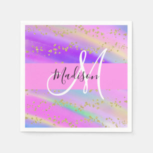 Colorful Unicorn Rainbow Gold Glitter Monogram Servet