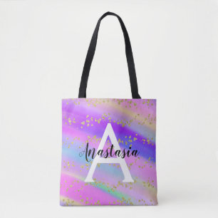 Colorful Unicorn Rainbow Gold Glitter Monogram Tote Bag