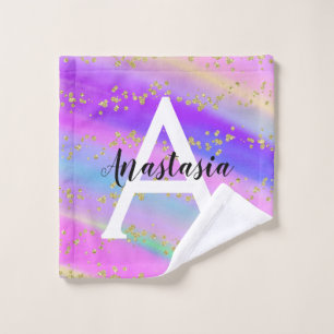 Colorful Unicorn Rainbow Gold Glitter Monogram Washandje