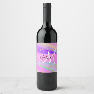 Colorful Unicorn Rainbow Gold Glitter Monogram Wijn Etiket