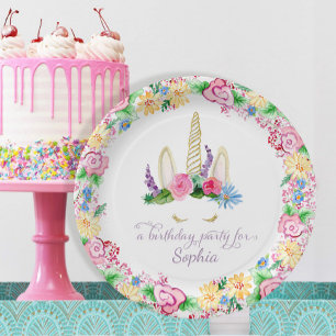 Colorful Unicorn Waterverf Roze Floral Birthday Papieren Bordje
