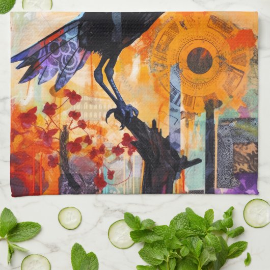 Colorful Unique Crow Collage Theedoek (Gevouwen)